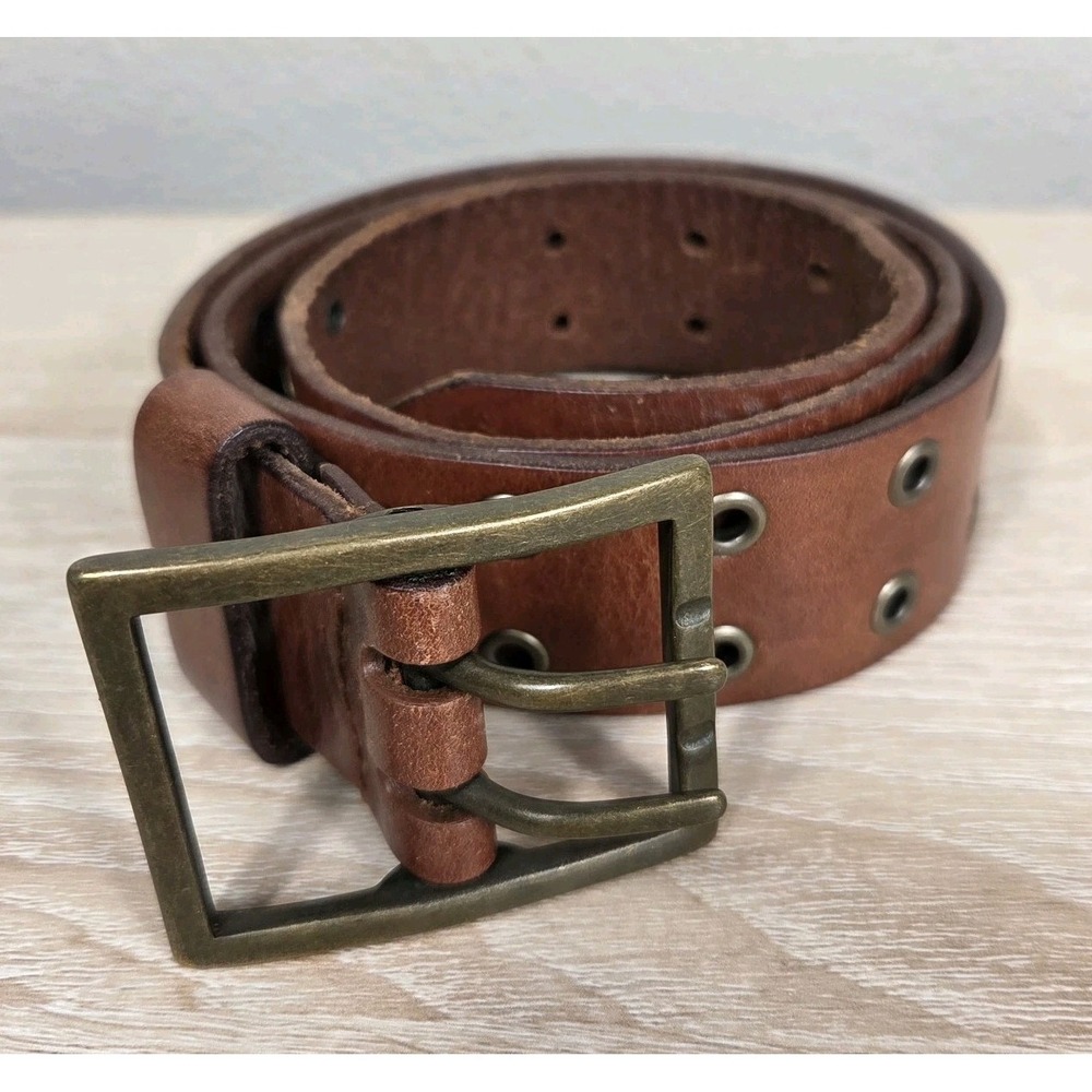 Amanda Smith Genuine Leather Double Prong Belt Brown Brass Grommet Wide Belt L